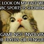 shocked cat | THE LOOK ON MY FACE WHEN NBC SPORTS IS SHOWING A GAME NOT INVOLVING THE FLYERS OR PENGUINS | image tagged in shocked cat,nhl,hockey | made w/ Imgflip meme maker