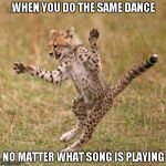 Dancing Cougar | WHEN YOU DO THE SAME DANCE NO MATTER WHAT SONG IS PLAYING | image tagged in dancing cougar,funny memes,cat | made w/ Imgflip meme maker