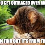 Embarrassed Cat | WHEN YOU GET OUTRAGED OVER AN ARTICLE AND THEN FIND OUT IT'S FROM THE ONION | image tagged in embarrassed cat | made w/ Imgflip meme maker