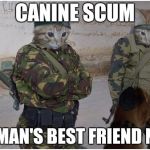 Soldier cats | CANINE SCUM WE MAN'S BEST FRIEND NOW | image tagged in soldier cats | made w/ Imgflip meme maker