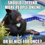 Hard Decision Bear | SHOULD I OFFEND MORE PEOPLE ONLINE OR BE NICE FOR ONCE? | image tagged in hard decision bear | made w/ Imgflip meme maker