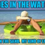 beach babe | TOES IN THE WATER ASS IN THE SAND. MY KIND OF LIVING! | image tagged in beach babe | made w/ Imgflip meme maker