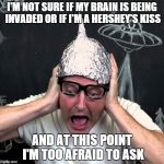 Tin Foil Hatter | I'M NOT SURE IF MY BRAIN IS BEING INVADED OR IF I'M A HERSHEY'S KISS AND AT THIS POINT I'M TOO AFRAID TO ASK | image tagged in tin foil hatter,memes,not sure if | made w/ Imgflip meme maker