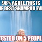 ever read the small print? | 96% AGREE THIS IS THE BEST SHAMPOO EVER (TESTED ON 5 PEOPLE) | image tagged in showerhead | made w/ Imgflip meme maker