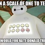 Political phone surveys  | ON A SCALE OF ONE TO TEN HOW WOULD YOU RATE DONALD TRUMP? | image tagged in baymax guest experience | made w/ Imgflip meme maker