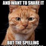 Frustrated Cat | WHEN YOU SEE A REALLY FUNNY MEME AND WANT TO SHARE IT BUT THE SPELLING AND GRAMMAR ARE SO AWFUL, YOU JUST CAN'T! | image tagged in frustrated cat | made w/ Imgflip meme maker