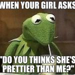wifi Kermit | WHEN YOUR GIRL ASKS "DO YOU THINKS SHE'S PRETTIER THAN ME?" | image tagged in wifi kermit | made w/ Imgflip meme maker