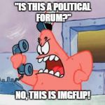 No, This Is Patrick | "IS THIS A POLITICAL FORUM?" NO, THIS IS IMGFLIP! | image tagged in no this is patrick | made w/ Imgflip meme maker