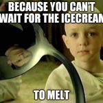 Summer problems | BECAUSE YOU CAN'T WAIT FOR THE ICECREAM TO MELT | image tagged in spoon matrix,funny | made w/ Imgflip meme maker