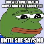 Sad frog | YOU WILL NEVER REALIZE HOW A GIRL FEELS ABOUT YOU UNTIL SHE SAYS NO | image tagged in sad frog | made w/ Imgflip meme maker