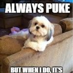 the most interesting dog in the world | I DON'T ALWAYS PUKE BUT WHEN I DO, IT'S ALWAYS ON THE CARPET | image tagged in the most interesting dog in the world | made w/ Imgflip meme maker