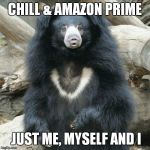 Pimp Sloth | CHILL & AMAZON PRIME JUST ME, MYSELF AND I | image tagged in pimp sloth | made w/ Imgflip meme maker