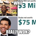 Drake and Meek Mill | WHO REALLY WON? | image tagged in drake and meek mill,memes,money,true story | made w/ Imgflip meme maker