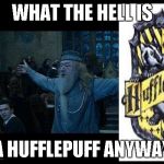 Dumbledore | WHAT THE HELL IS A HUFFLEPUFF ANYWAY | image tagged in dumbledore | made w/ Imgflip meme maker