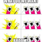 What do we want? | WHAT DO WE WANT BROOMS | image tagged in what do we want | made w/ Imgflip meme maker