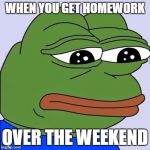 pepe | WHEN YOU GET HOMEWORK OVER THE WEEKEND | image tagged in pepe | made w/ Imgflip meme maker