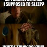 A few moments after Netflix and chill, Scumbag Yoda tells Luke this... | SO YODA...WHERE AM I SUPPOSED TO SLEEP? WHERE THINK DO YOU? | image tagged in luke  yoda talk,scumbag,star wars | made w/ Imgflip meme maker