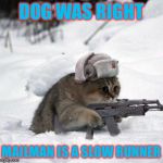 Cute Sad Soviet War Kitten | DOG WAS RIGHT MAILMAN IS A SLOW RUNNER | image tagged in cute sad soviet war kitten | made w/ Imgflip meme maker