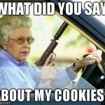 Grandma with a Silencer | WHAT DID YOU SAY ABOUT MY COOKIES? | image tagged in grandma with a silencer | made w/ Imgflip meme maker