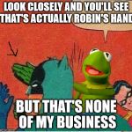 Kermit saving Robin | LOOK CLOSELY AND YOU'LL SEE THAT'S ACTUALLY ROBIN'S HAND BUT THAT'S NONE OF MY BUSINESS | image tagged in kermit saving robin | made w/ Imgflip meme maker