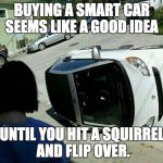Smart Car flipped | BUYING A SMART CAR SEEMS LIKE A GOOD IDEA UNTIL YOU HIT A SQUIRREL AND FLIP OVER. | image tagged in smart car flipped | made w/ Imgflip meme maker