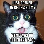 This didn't really happen, but if it did, I would totally look like that...LOL | JUST OPENED IMGFLIP AND MY MEME WAS ON THE FRONT PAGE | image tagged in surprised cat,memes,funny cat,funny,imgflip | made w/ Imgflip meme maker
