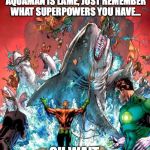 Aquaman | ALL YOU PEOPLE WHO THINK AQUAMAN IS LAME, JUST REMEMBER WHAT SUPERPOWERS YOU HAVE... OH WAIT | image tagged in aquaman | made w/ Imgflip meme maker
