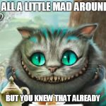 Cheshire Cat | WE'RE ALL A LITTLE MAD AROUND HERE BUT YOU KNEW THAT ALREADY | image tagged in cheshire cat | made w/ Imgflip meme maker