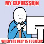 Blank Face | MY EXPRESSION WHEN THE DERP IS TOO DERP | image tagged in blank face | made w/ Imgflip meme maker