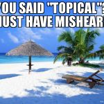 tropical | YOU SAID "TOPICAL"? I MUST HAVE MISHEARD... | image tagged in tropical | made w/ Imgflip meme maker