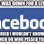 facebook logo | FACEBOOK WAS DOWN FOR A LITTLE WHILE I WAS WORRIED I WOULDN'T KNOW WHAT YOU HAD FOR LUNCH OR WHO PISSED YOU OFF TODAY | image tagged in facebook logo | made w/ Imgflip meme maker