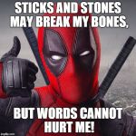 Deadpool | STICKS AND STONES MAY BREAK MY BONES, BUT WORDS CANNOT HURT ME! | image tagged in deadpool | made w/ Imgflip meme maker