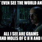 Chemistry feels. | I DON'T EVEN SEE THE WORLD ANYMORE ALL I SEE ARE GRAMS AND MOLES OF C H N AND O | image tagged in cyphermffy,finals week,chemistry | made w/ Imgflip meme maker