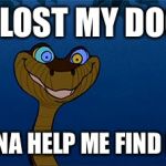 Kreepy Kaa  | I LOST MY DOG WANNA HELP ME FIND HIM? | image tagged in kreepy kaa | made w/ Imgflip meme maker