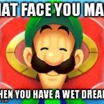 Smiling Luigi | THAT FACE YOU MAKE WHEN YOU HAVE A WET DREAM... | image tagged in smiling luigi | made w/ Imgflip meme maker