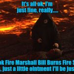 Burned Anakin | It's all ok, I'm just fine, really..... ....I took Fire Marshall Bill Burns Fire Safety Class, just a little ointment I'll be just fine! | image tagged in burned anakin | made w/ Imgflip meme maker