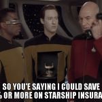 Geico is EVERYWHERE!!! | SO YOU'E SAYING I COULD SAVE 15% OR MORE ON STARSHIP INSURANCE | image tagged in android,geico,star trek tng,star trek | made w/ Imgflip meme maker