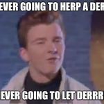 Rick Astley derp | NEVER GOING TO HERP A DERP NEVER GOING TO LET DERRRP | image tagged in rick astley derp | made w/ Imgflip meme maker