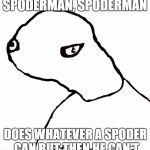 spoderman | SPODERMAN, SPODERMAN DOES WHATEVER A SPODER CAN BUT THEN HE CAN'T | image tagged in spoderman | made w/ Imgflip meme maker