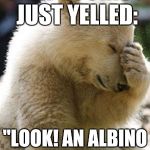 Facepalm Bear | THAT TOURIST JUST YELLED: "LOOK! AN ALBINO GRIZZLY!" | image tagged in memes,facepalm bear | made w/ Imgflip meme maker