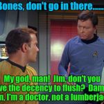 Captain's Log(s)  #3 | Bones, don't go in there........ My god, man!  Jim, don't you have the decency to flush?  Dammit Jim, I'm a doctor, not a lumberjack! | image tagged in mccoy and kirk,star trek | made w/ Imgflip meme maker