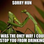 Mantis Cannibal | SORRY HUN IT WAS THE ONLY WAY I COULD STOP YOU FROM DRINKING | image tagged in mantis cannibal | made w/ Imgflip meme maker