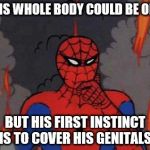 '60s Spiderman Fire | A MANS WHOLE BODY COULD BE ON FIRE BUT HIS FIRST INSTINCT IS TO COVER HIS GENITALS. | image tagged in '60s spiderman fire | made w/ Imgflip meme maker