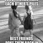 Best Friends  | GOOD FRIENDS NAME EACH OTHER'S PILES BEST FRIENDS POKE THEM BACK IN | image tagged in best friends | made w/ Imgflip meme maker