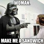 Darth vs Leia | WOMAN. MAKE ME A SANDWICH | image tagged in darth vs leia | made w/ Imgflip meme maker