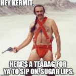 His Business is Everyone's Business | HEY KERMIT, HERE'S A TEABAG FOR YA TO SIP ON, SUGAR LIPS. | image tagged in sean connery,kermit the frog,but thats none of my business,tea time,tea party,tea bagger | made w/ Imgflip meme maker