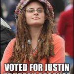 Keep seeing the ladies talking about this on Facebook. | THINKS MEN ARE BRAINLESS SHALLOW PIGS WHO JUDGE WOMEN SOLELY ON THEIR LOOKS VOTED FOR JUSTIN TRUDEAU BECAUSE, "HE'S SO YUMMY!" | image tagged in feminist chick,justin trudeau,canadian politics,hypocrisy | made w/ Imgflip meme maker