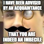 Sir. Swag | I HAVE BEEN ADVISED BY AN ACQUAINTANCE THAT YOU ARE INDEED AN IMBECILE | image tagged in sir swag,fancy,monocle,moustache,indeed,imbecile | made w/ Imgflip meme maker