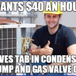 Harold the HVAC guy | WANTS $40 AN HOUR LEAVES TAB IN CONDENSATE PUMP AND GAS VALVE OFF | image tagged in harold the hvac guy | made w/ Imgflip meme maker