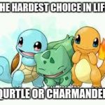 pokemon | THE HARDEST CHOICE IN LIFE. SQURTLE OR CHARMANDER? | image tagged in pokemon | made w/ Imgflip meme maker